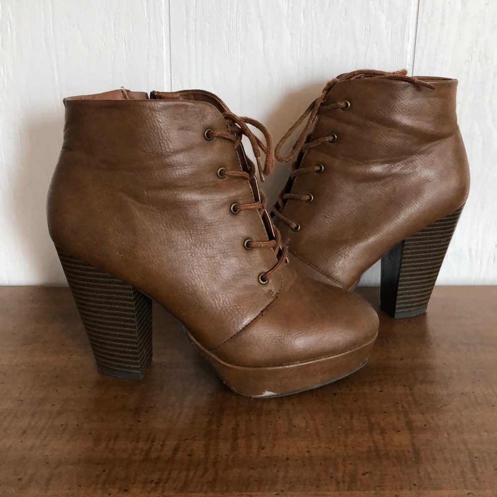 Brown laced heel booties with zipper
